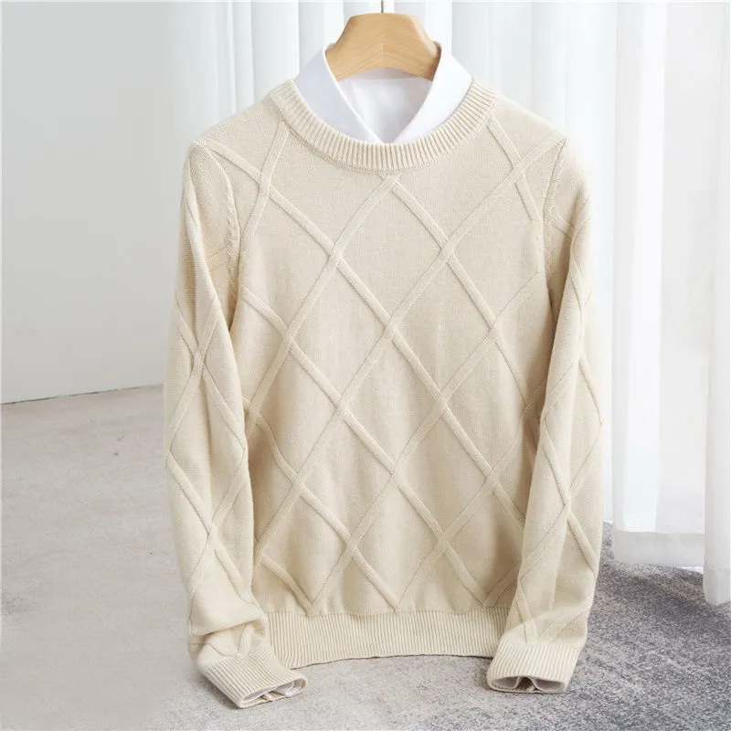 Men’s Sweater – Wool Knit – Regular Fit – Ribbed Crew Neck – Textured Design