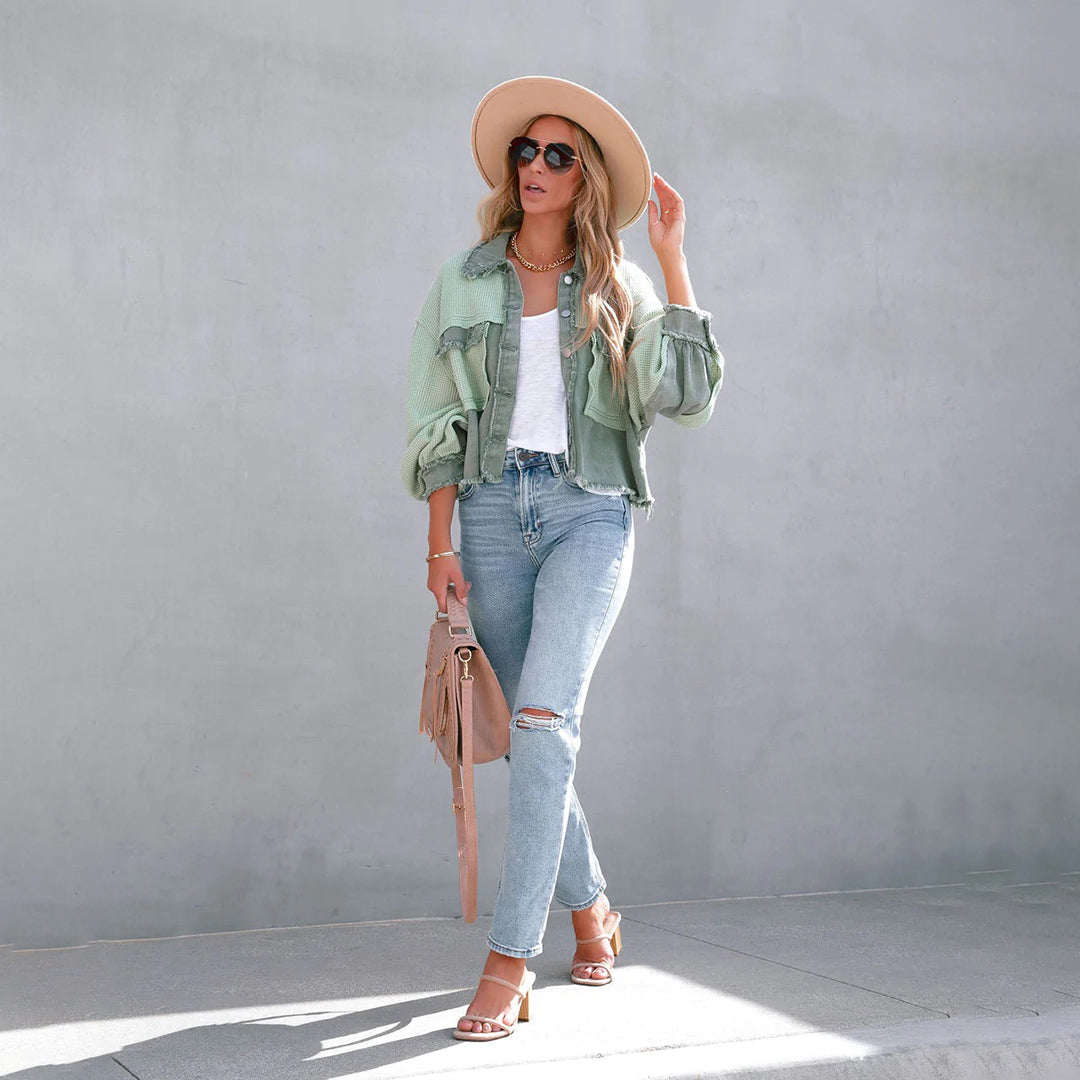 Women’s Jacket – Relaxed Fit – Waffle Knit Texture – Cropped Length – Balloon Sleeves