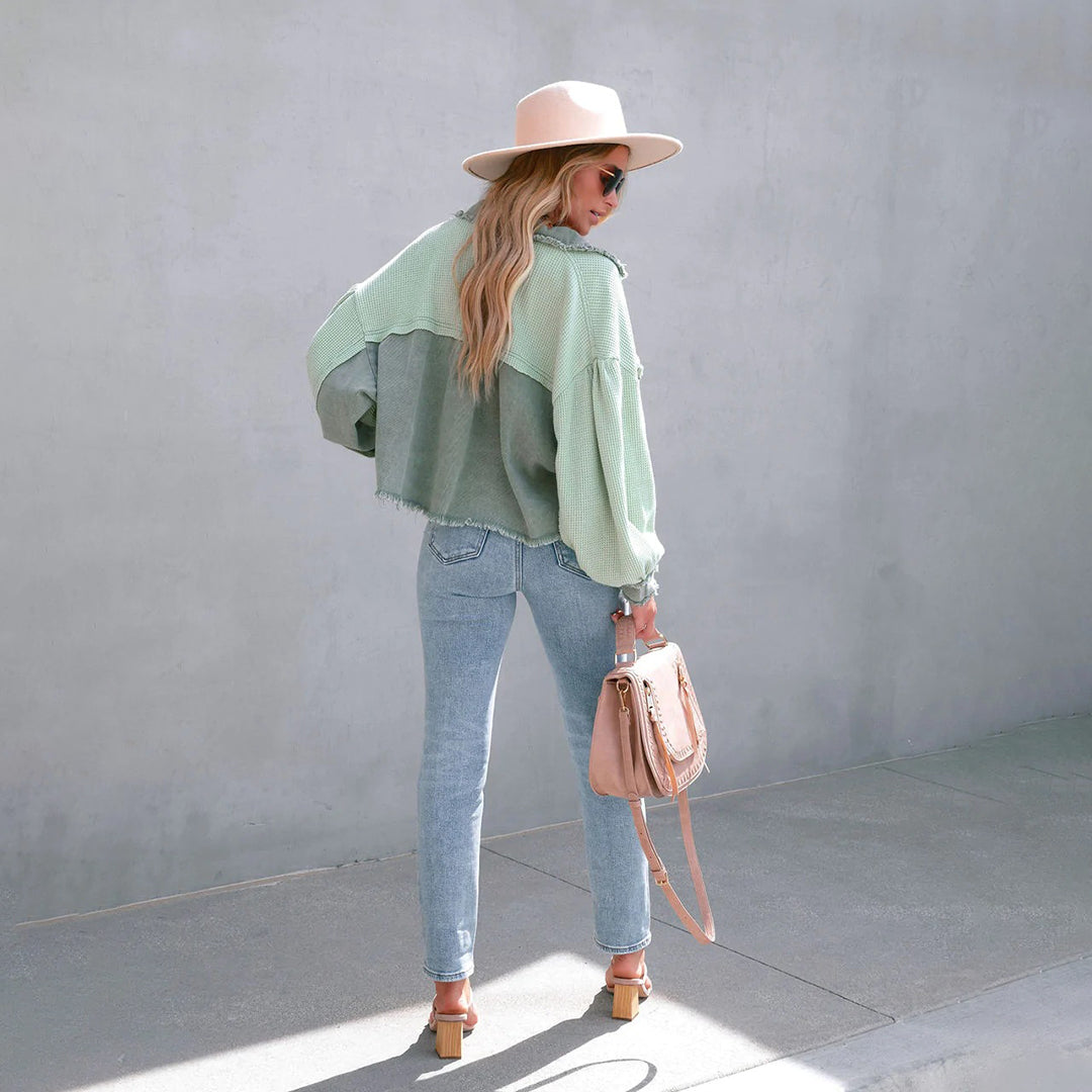 Women’s Jacket – Relaxed Fit – Waffle Knit Texture – Cropped Length – Balloon Sleeves