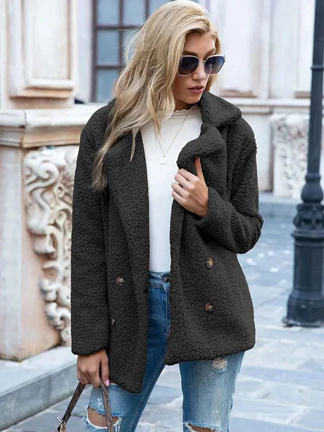 Women’s Jacket – Double-Breasted Relaxed Fit – Soft Textured Wool Feel – Notched Lapel