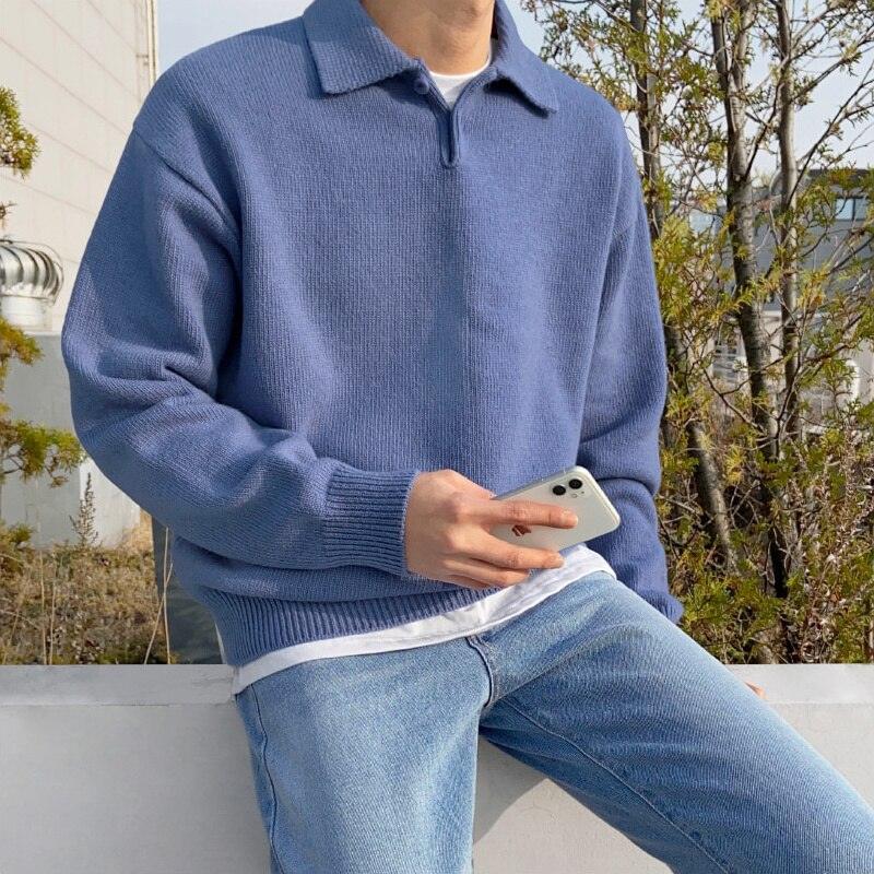Men’s Polo Sweater – Relaxed Fit – Wool Blend – Buttoned Collar – Ribbed Trim