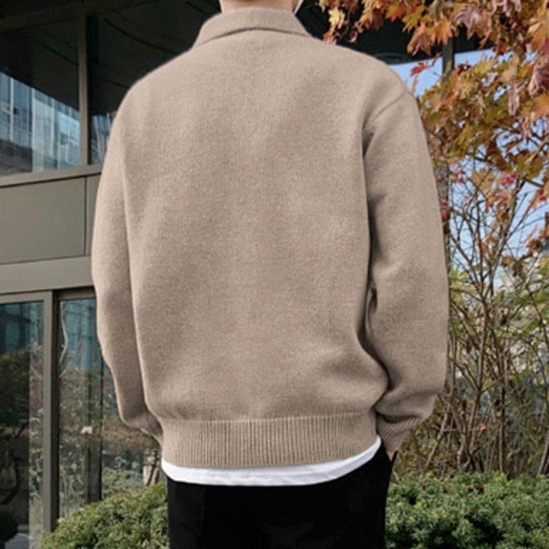 Men’s Polo Sweater – Relaxed Fit – Wool Blend – Buttoned Collar – Ribbed Trim