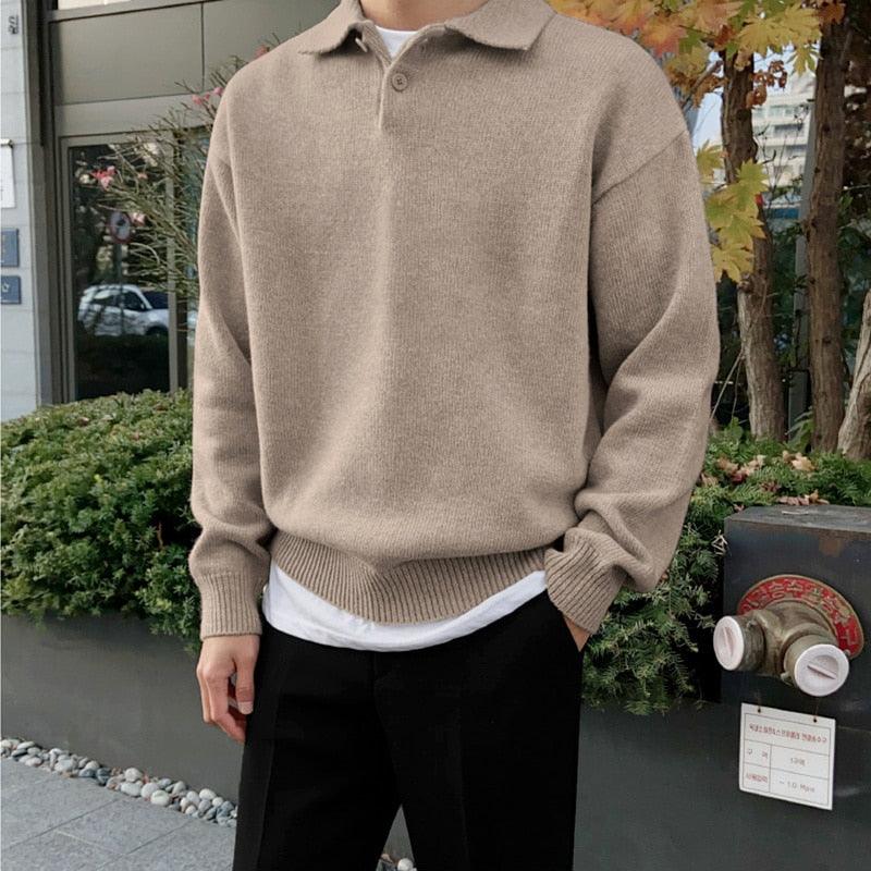 Men’s Polo Sweater – Relaxed Fit – Wool Blend – Buttoned Collar – Ribbed Trim