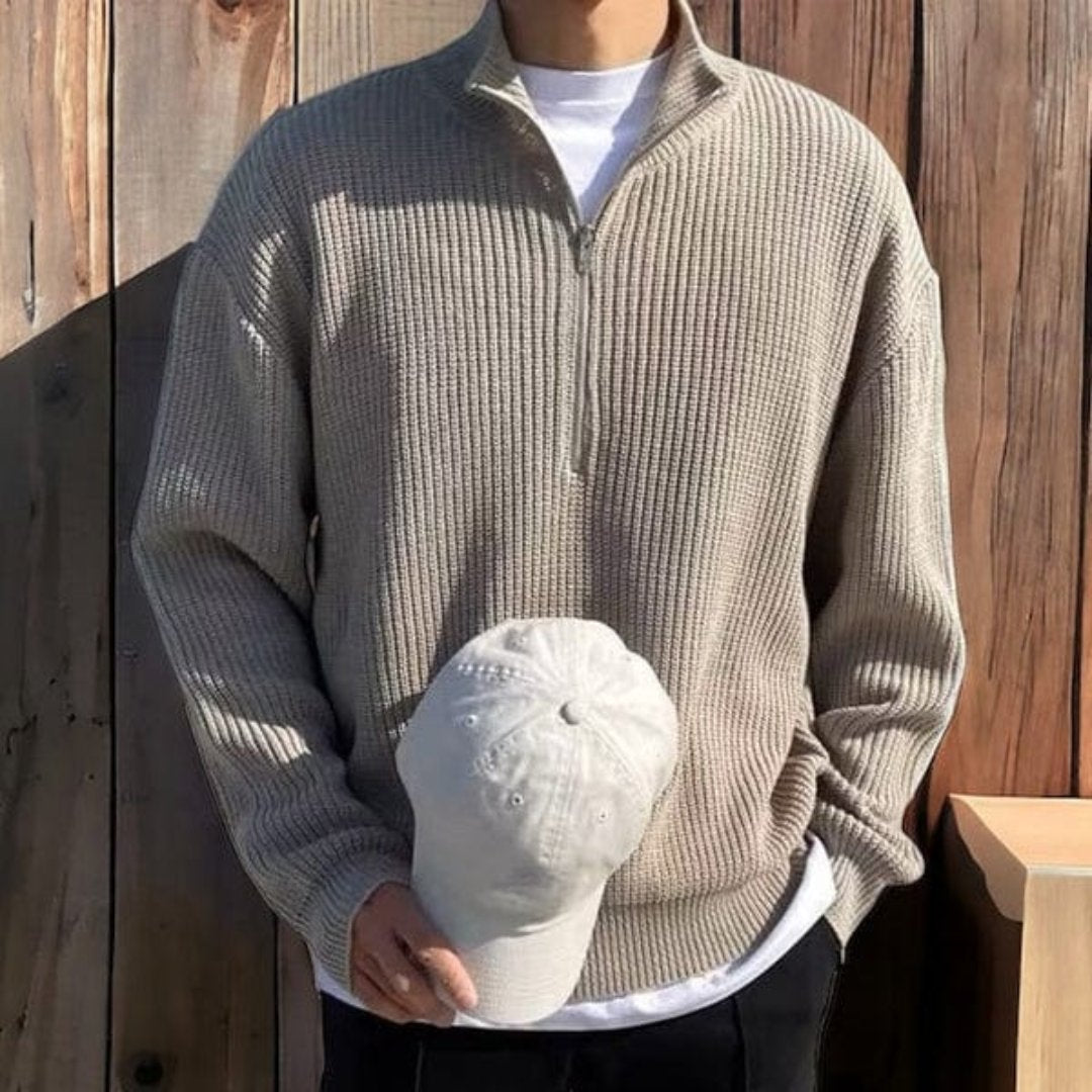 Men’s Half Zip Sweater – Wool Blend – Relaxed Fit – Ribbed Knit – Mock Neck