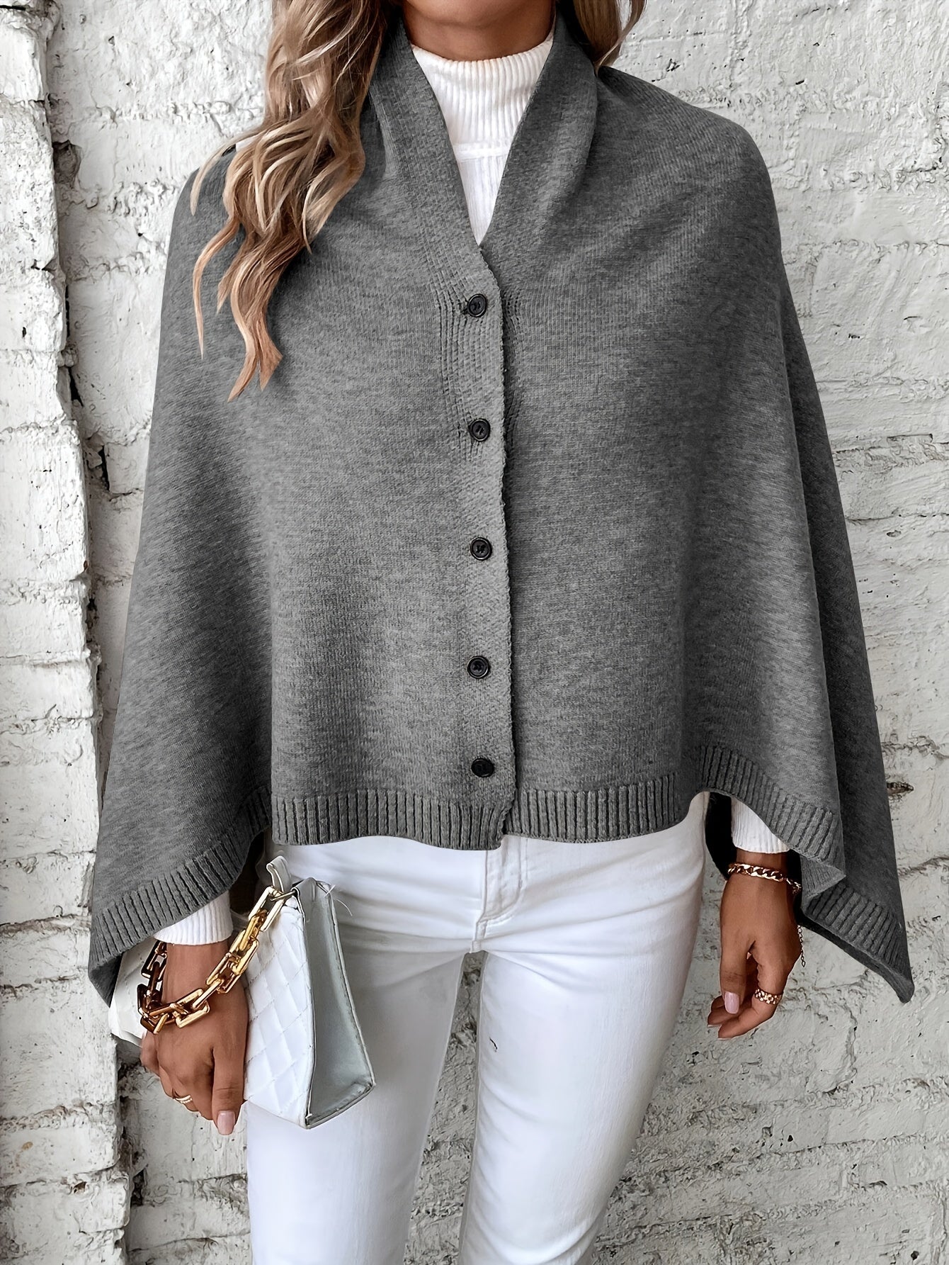 Women’s Poncho – Soft Knit – Relaxed Fit – Button Front – Ribbed Edges