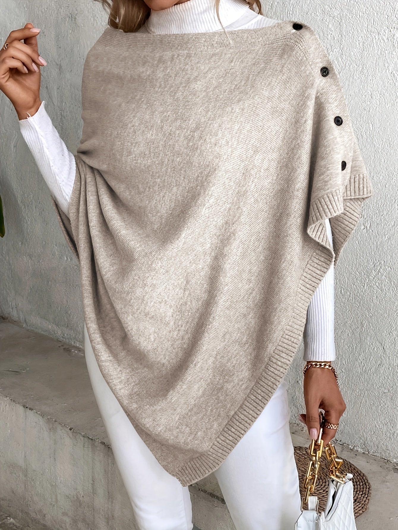 Women’s Poncho – Soft Knit – Relaxed Fit – Button Front – Ribbed Edges