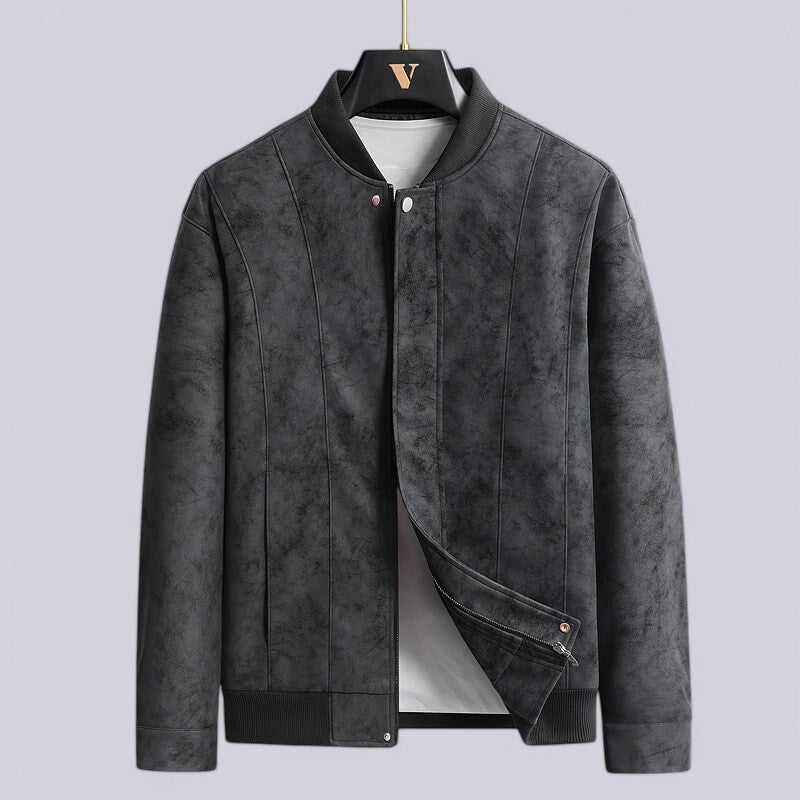 Men’s Leather Bomber Jacket – Structured Fit – Ribbed Trim – Zip Front with Placket