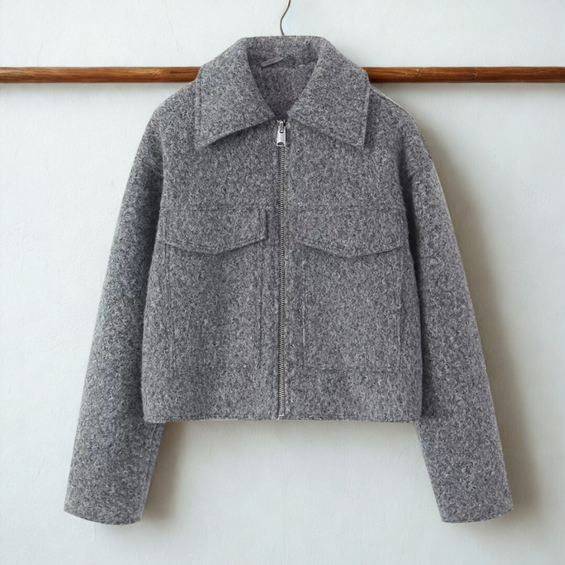 Women’s Short Jacket – Wool Blend – Relaxed Boxy Fit – Zipper Front – Lapel Collar