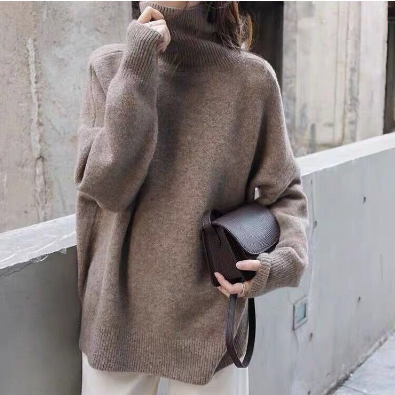 Women’s Turtleneck Sweatshirt – Oversized Knit – Drawstring Hem – Long Sleeve Casual Fit