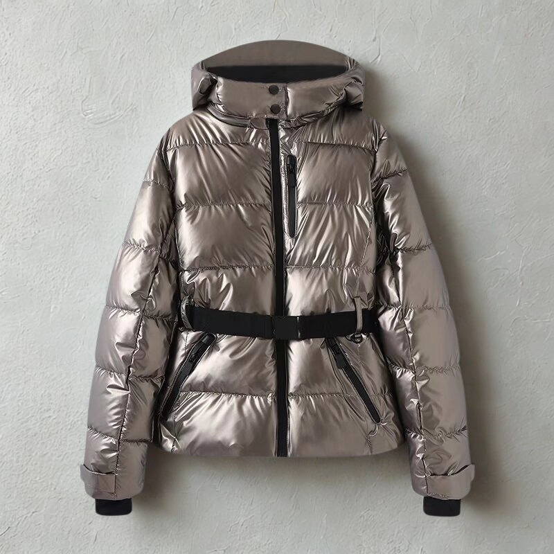 Women’s Puffer Jacket – Quilted Insulated – Hooded High Collar – Belted Waist Fit