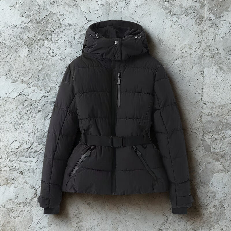 Women’s Puffer Jacket – Quilted Insulated – Hooded High Collar – Belted Waist Fit