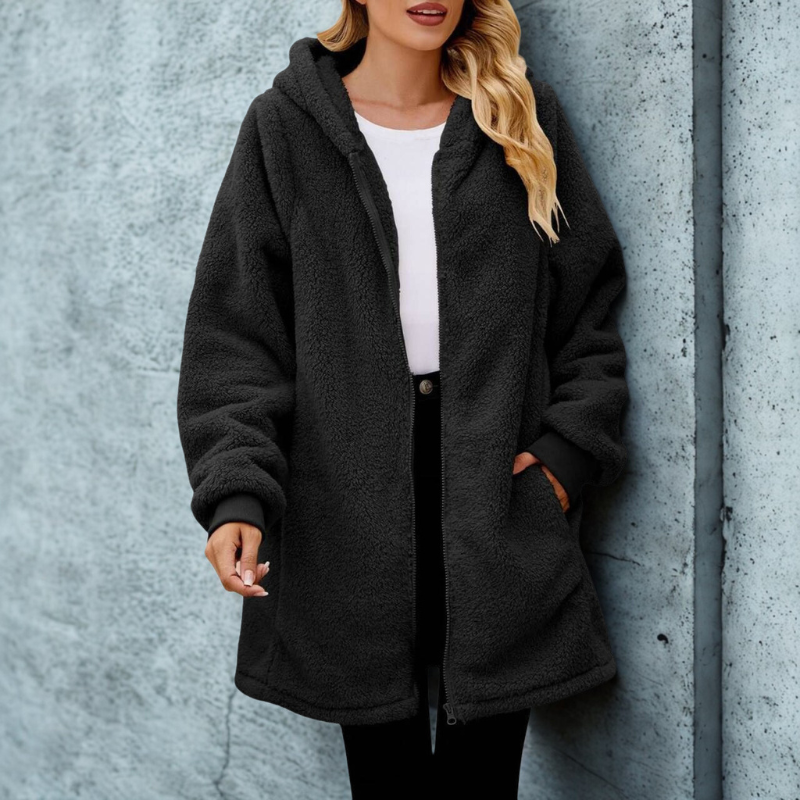 Women’s Hooded Jacket – Plush Fleece – Oversized Fit – Zipper Front – Ribbed Cuffs