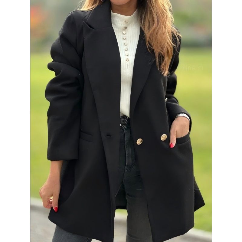 Women’s Long Blazer Coat – Oversized Fit – Double-Breasted – Notched Lapel – Flap Pockets