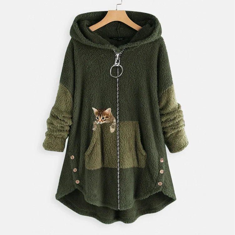 Women’s Hooded Jacket – Oversized Fit – Plush Texture – Kangaroo Pocket – Cat Graphic