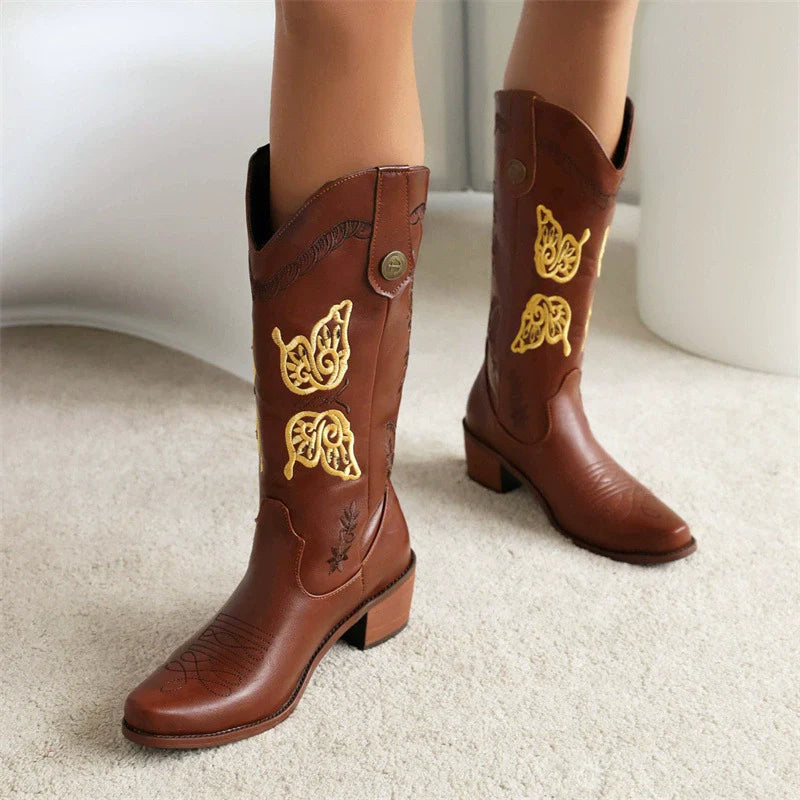 Women’s Western Boots – Mid-Calf Height – Embroidered Floral Detail – Pull-On Style – Block Heel