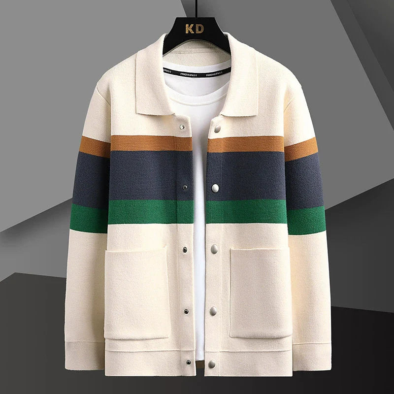 Men’s Knitted Jacket – Slim Fit – Geometric Pattern – Shirt Collar – Button Front