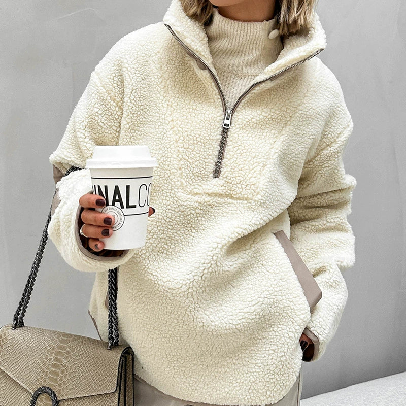 Women’s Sherpa Half-zip Sweatshirt Pullover Fleece – Oversized Fit – Quarter Zip – Stand Collar – Side Pockets