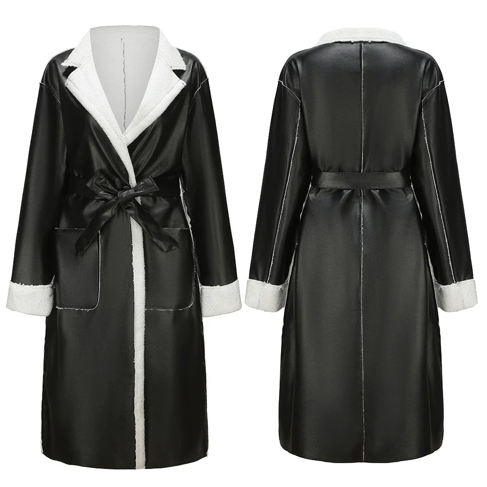 Women’s Long Coat – Oversized Fit – Faux Leather Wrap Style – Plush Trim & Tie Belt