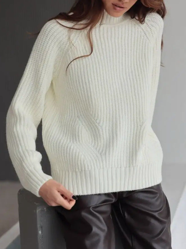 Women’s Knit Sweater – Wool Blend – Loose Fit – Mock Neck – Raglan Sleeve – Ribbed