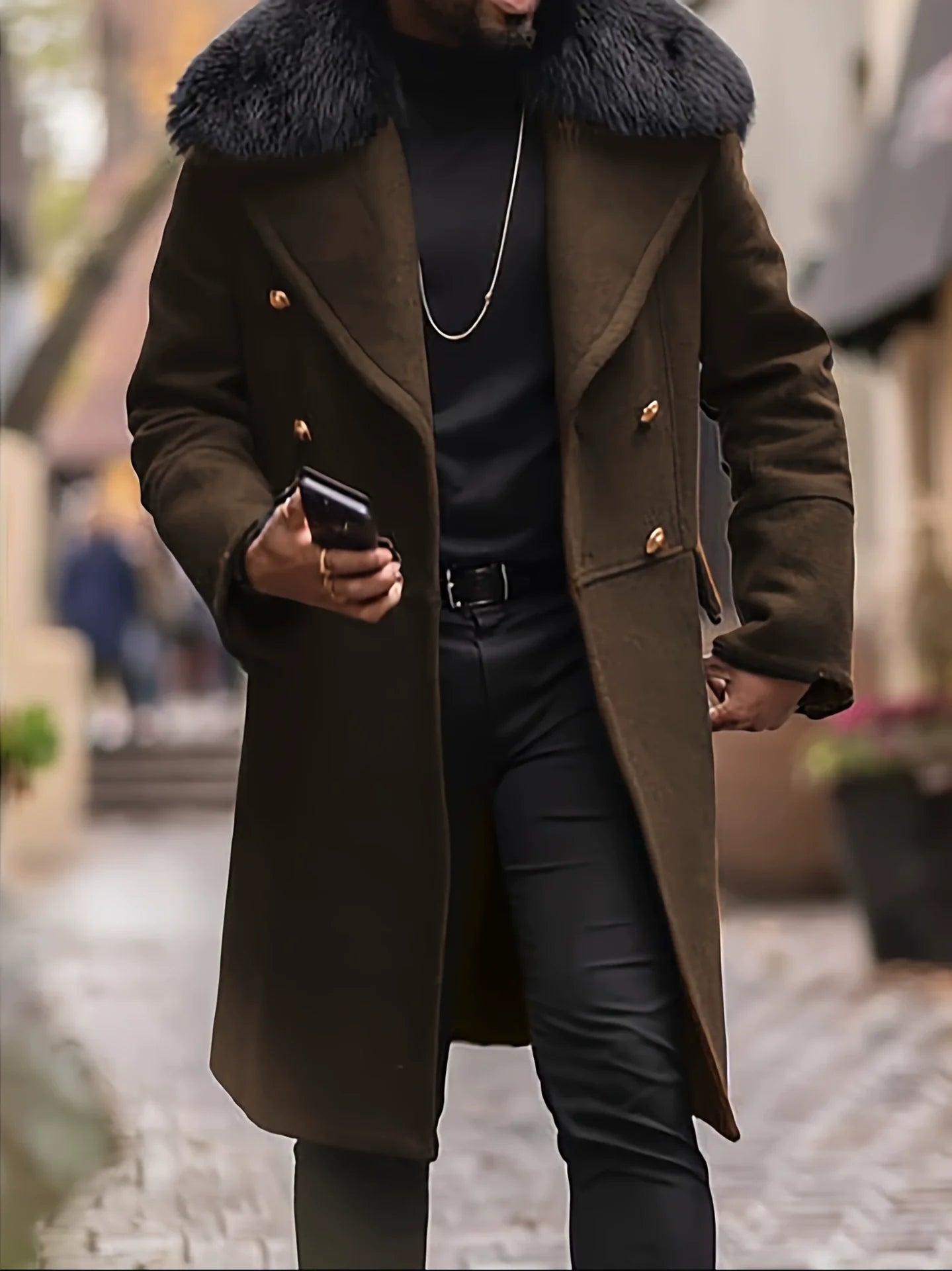 Men’s Overcoat – Wool Blend – Oversized Fit – Double-Breasted – Plush Fur Collar