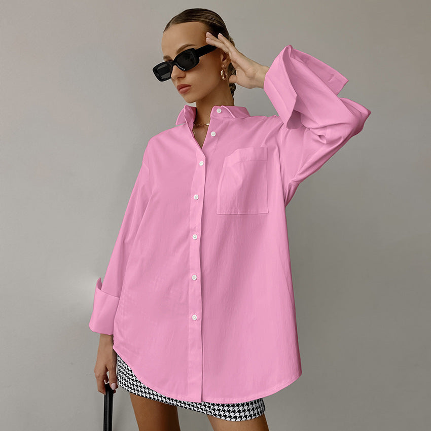 Women’s Button-Up Shirt – Cotton Blend – Oversized Fit – Long Sleeve Casual Top