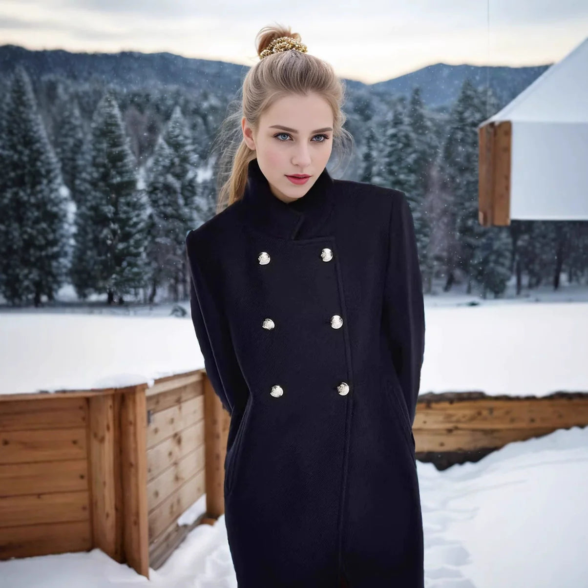 Women’s Coat – Structured Fit – Wool Blend – Double-Breasted – Stand Collar – Mid-Thigh Length