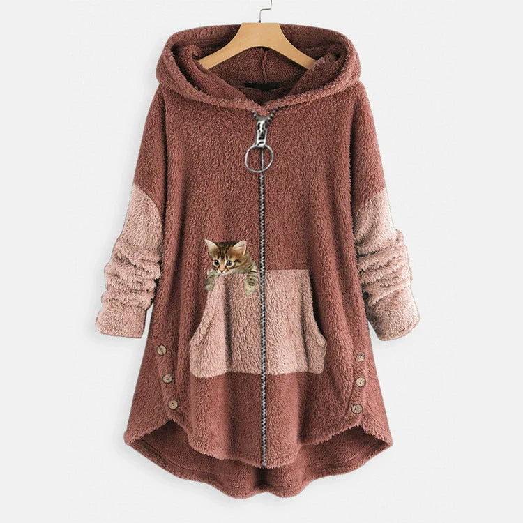 Women’s Hooded Jacket – Oversized Fit – Plush Texture – Kangaroo Pocket – Cat Graphic