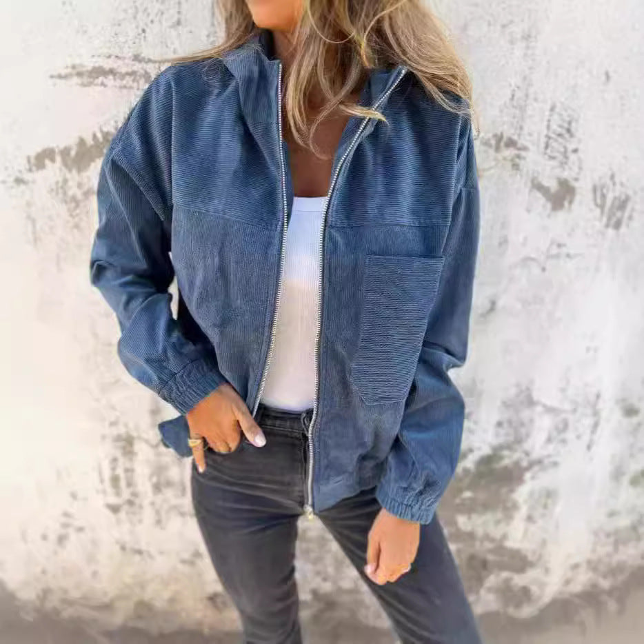 Women’s Hooded Jacket – Relaxed Fit – Corduroy Fabric – Zip Front – Elastic Cuffs
