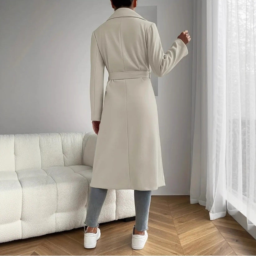 Women’s Long Coat – Relaxed Fit – Wool Blend – Open Front – Notch Lapels – Tie Waist
