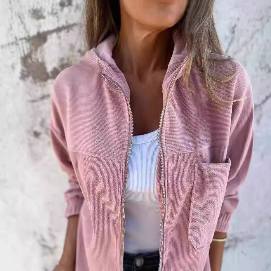 Women’s Hooded Jacket – Relaxed Fit – Corduroy Fabric – Zip Front – Elastic Cuffs