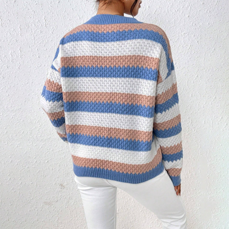 Women’s Sweater – Relaxed Fit – Chunky Knit – Striped Long Sleeve Pullover