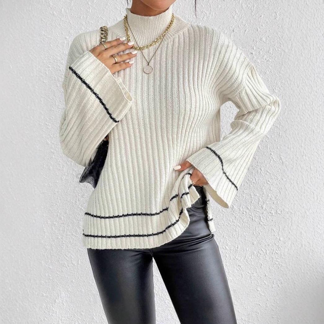 Women’s Knitted Sweater – Oversized Fit – Ribbed Texture – Mock Neck – Long Sleeve