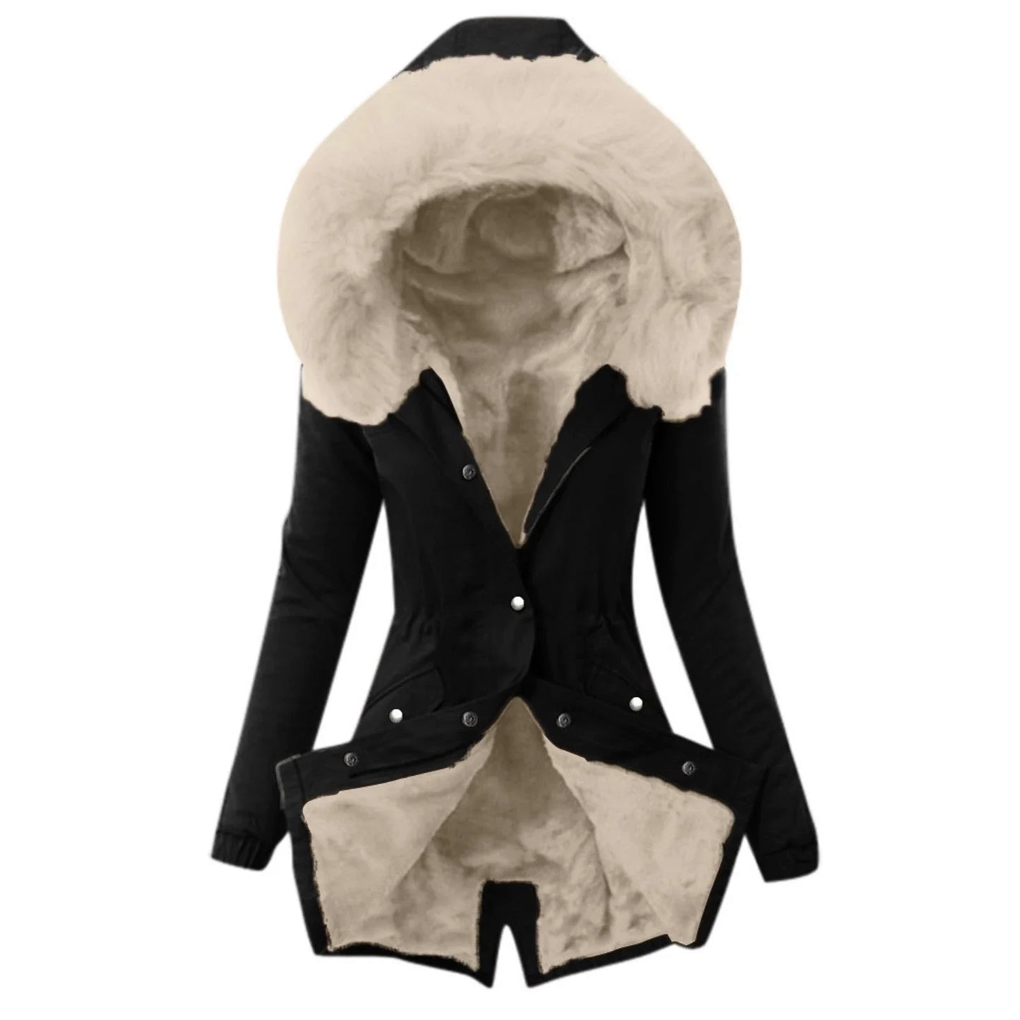 Women’s Jacket – Slim Fit – Plush-Lined Hood – Adjustable Waist – Mid-Length – Flap Pockets
