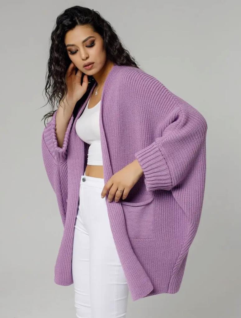 Women’s Cardigan – Oversized Fit – Knitted Wool-Like Fabric – Open Front – Front Pockets