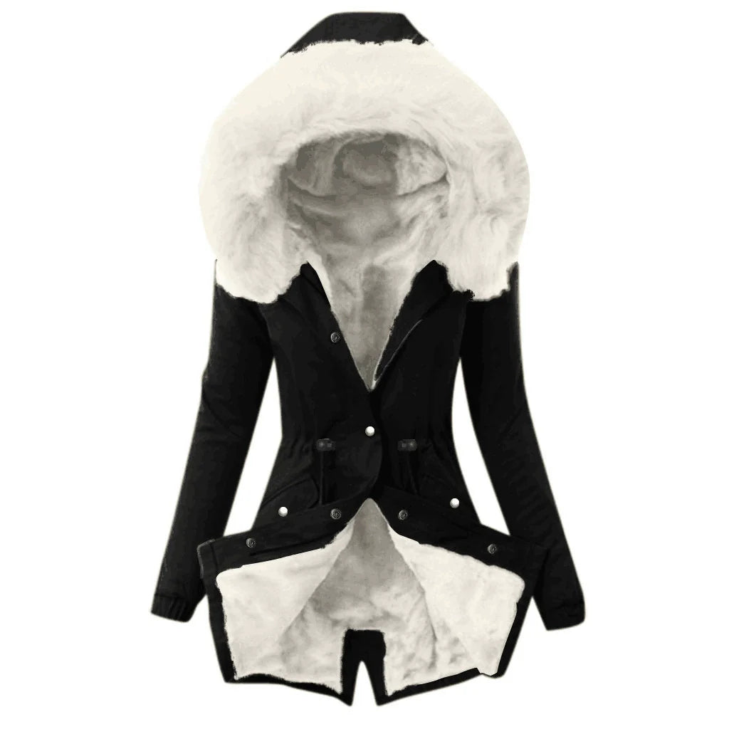 Women’s Jacket – Slim Fit – Plush-Lined Hood – Adjustable Waist – Mid-Length – Flap Pockets