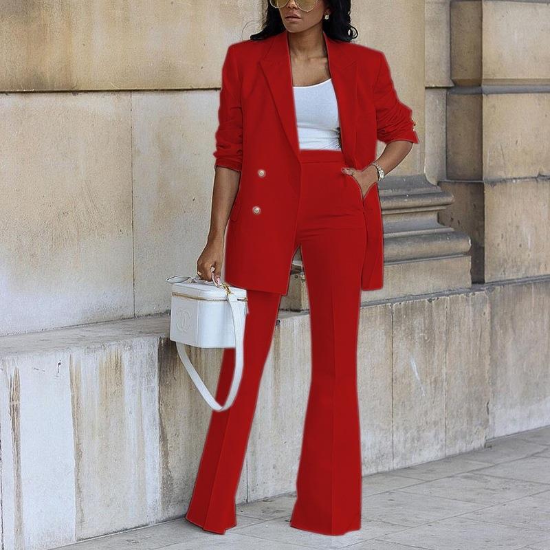 Women’s Blazer Pants Set – Relaxed Fit – Wide-Leg Trousers – Double-Breasted Blazer