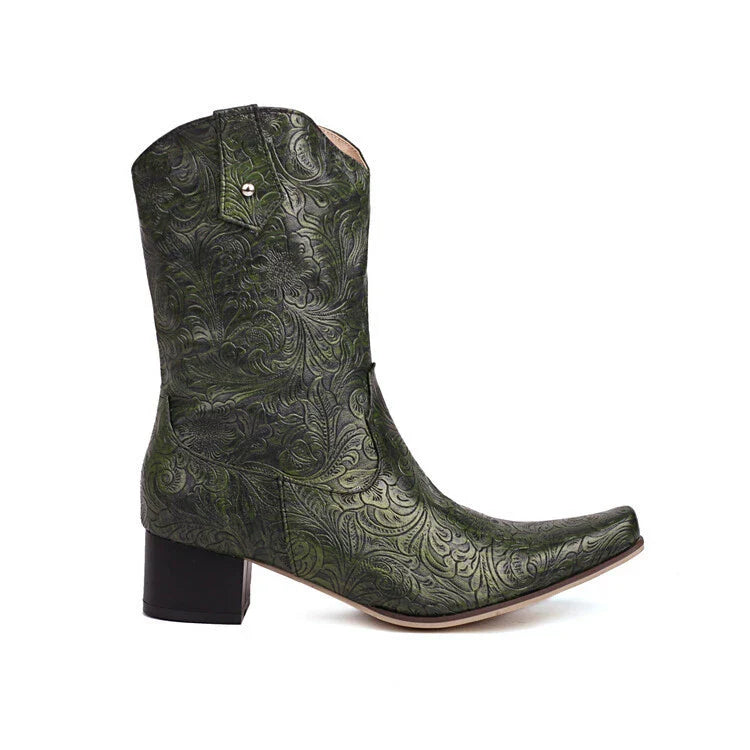Men's Mid-Calf Boot – Embossed Floral Design – Pointed Toe – Low Block Heel – Zipper Closure