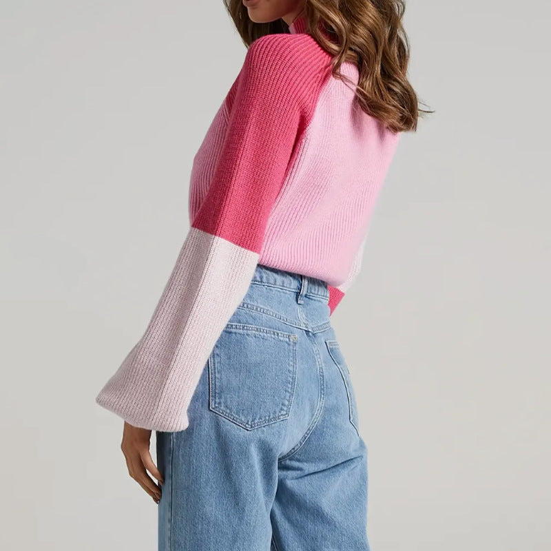 Women’s Pullover Sweater – Oversized Fit – Ribbed Knit – Mock Neck – Cropped Length