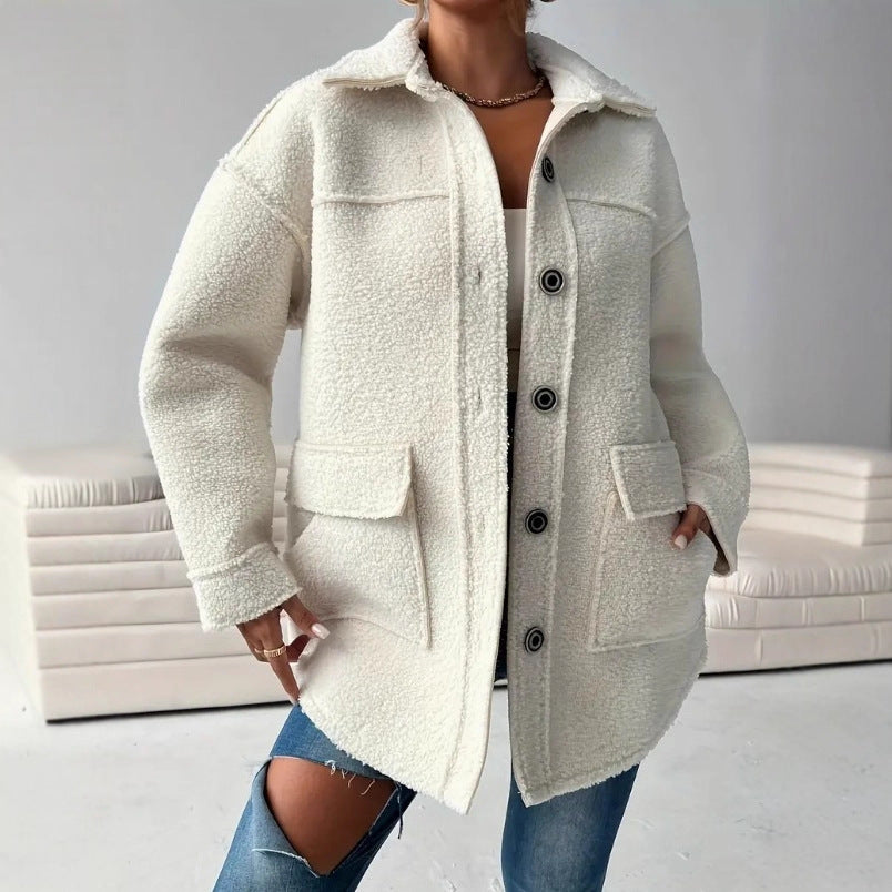 Women’s Coat – Oversized Fit – Plush Teddy Fleece – Lapel Collar – Patch Pockets