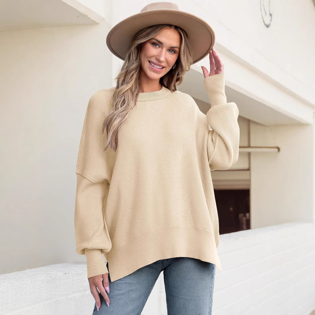 Women’s Pullover Knit Sweater – Oversized Fit – Textured Finish – Side Slits – Crew Neck