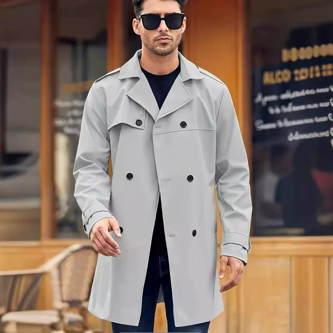 Men’s Trench Coat – Regular Fit – Double-Breasted – Cotton Blend – Storm Flap – Mid-Thigh Length