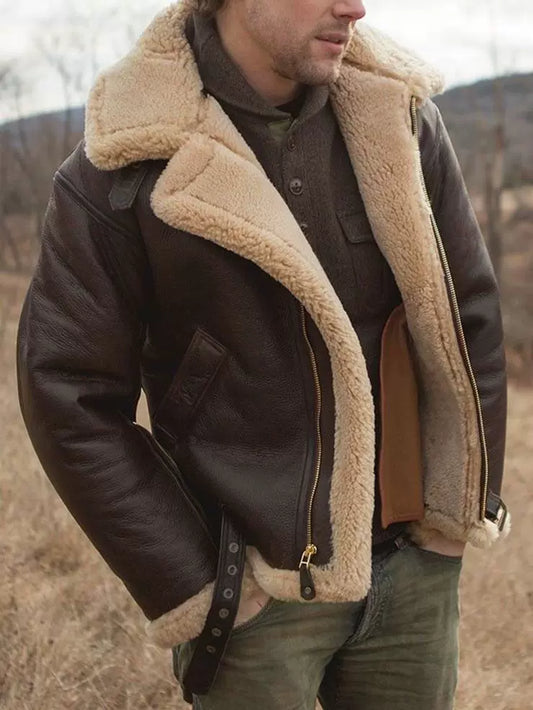 Men’s Aviator Jacket – Leather Build – Shearling Collar and Cuffs – Buckle Waist – Zip Front