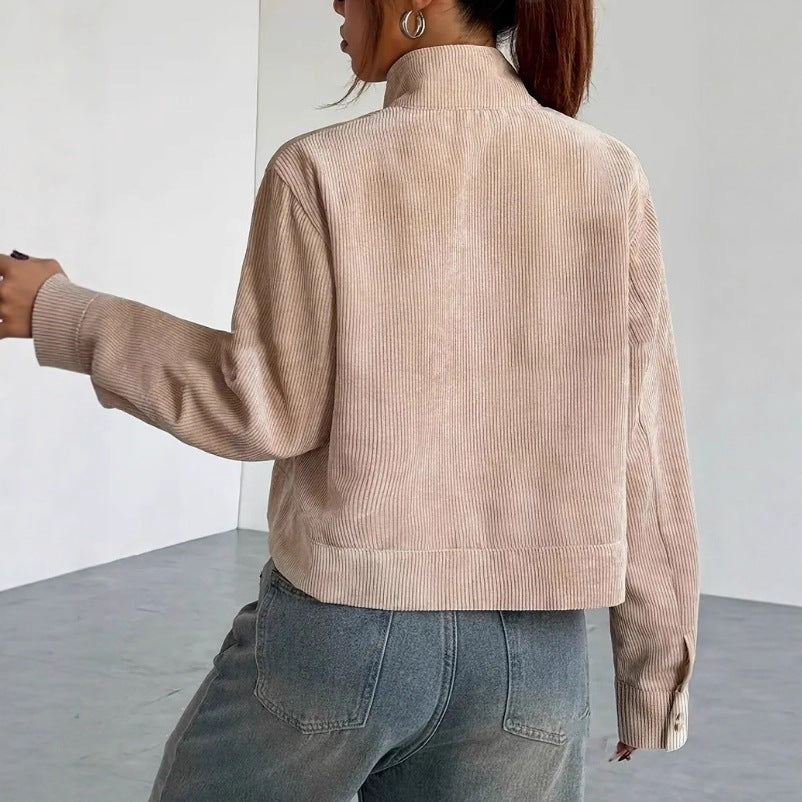 Women’s Corduroy Jacket – Relaxed Fit – Dropped Shoulder – Cropped Zip-Up – Wide Collar
