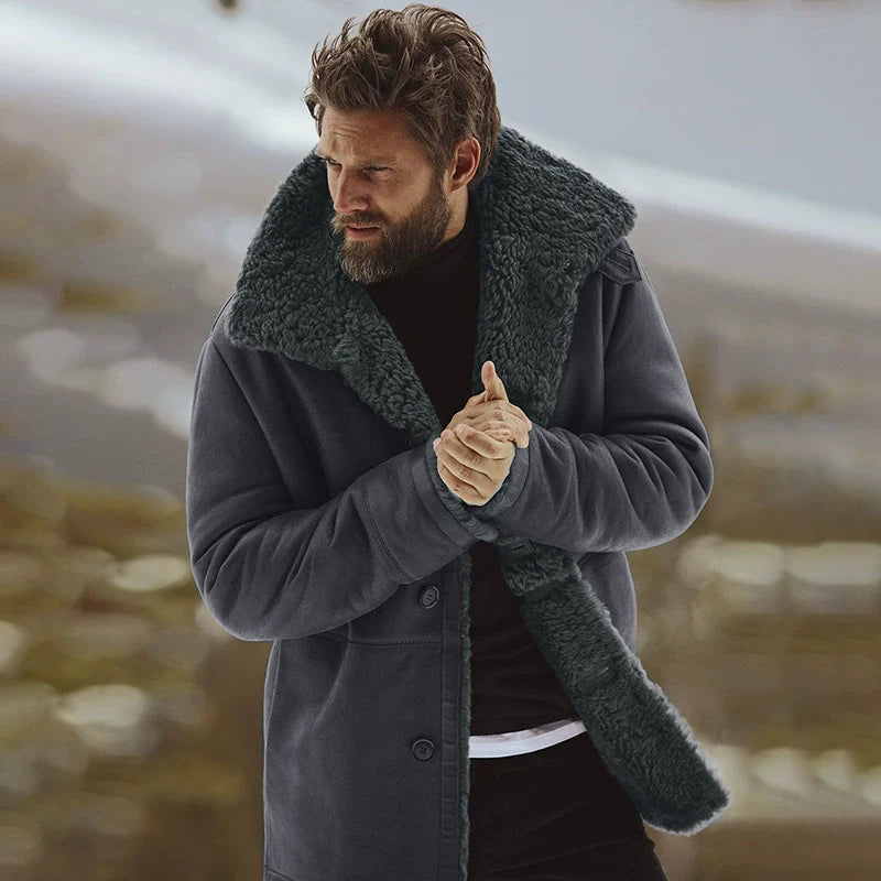 Men’s Overcoat – Relaxed Fit – Wool Blend – Shearling Collar – Button Front – Mid-Thigh