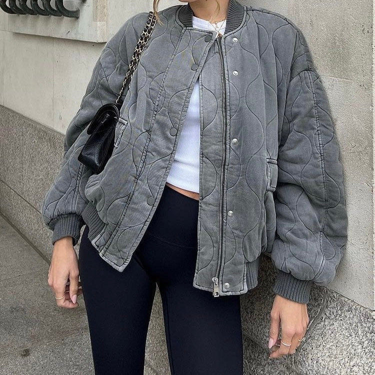 Women’s Bomber Jacket – Quilted Cotton – Oversized Fit – Ribbed Trim Zipper Front