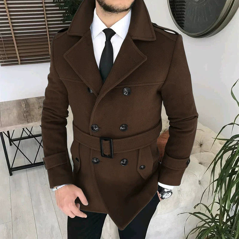 Men’s Double-Breasted Jacket – Tailored Fit – Wool Blend – Belted Waist – Notched Lapels