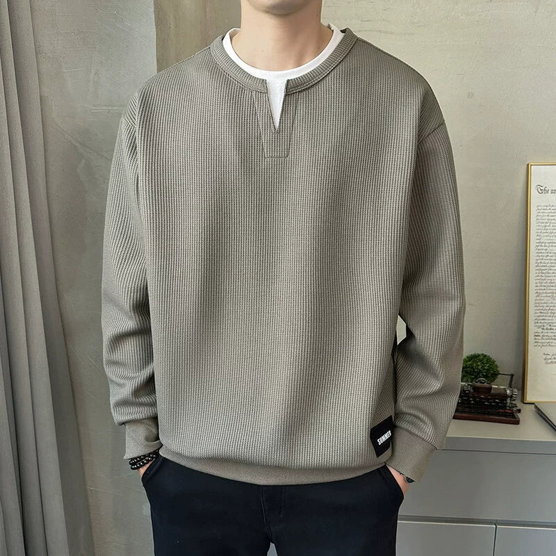 Men’s Sweatshirt – Relaxed Fit – Waffle Knit – Layered V-Notch Collar – Ribbed Trim