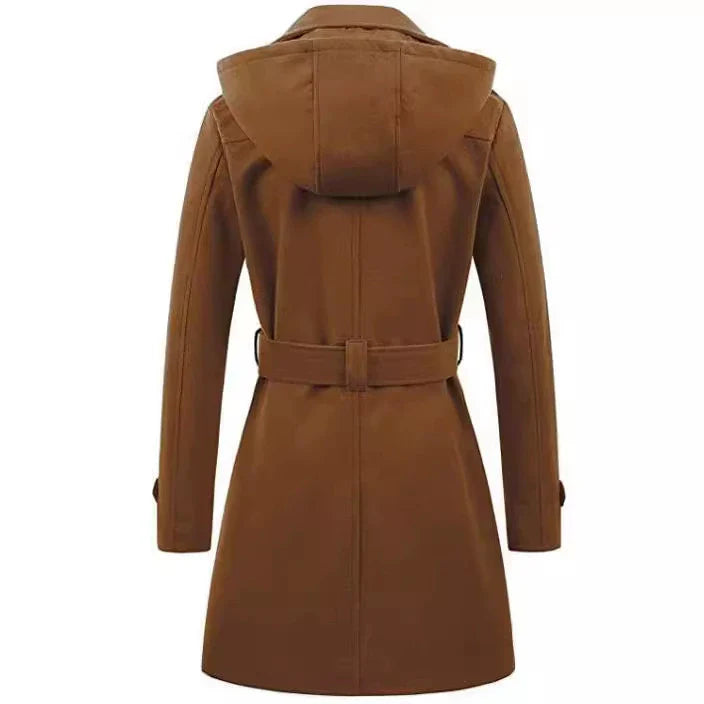 Women’s Coat – Double-Breasted Wool – Tailored Fit – Belted Waist – Hooded – Mid-Thigh Length