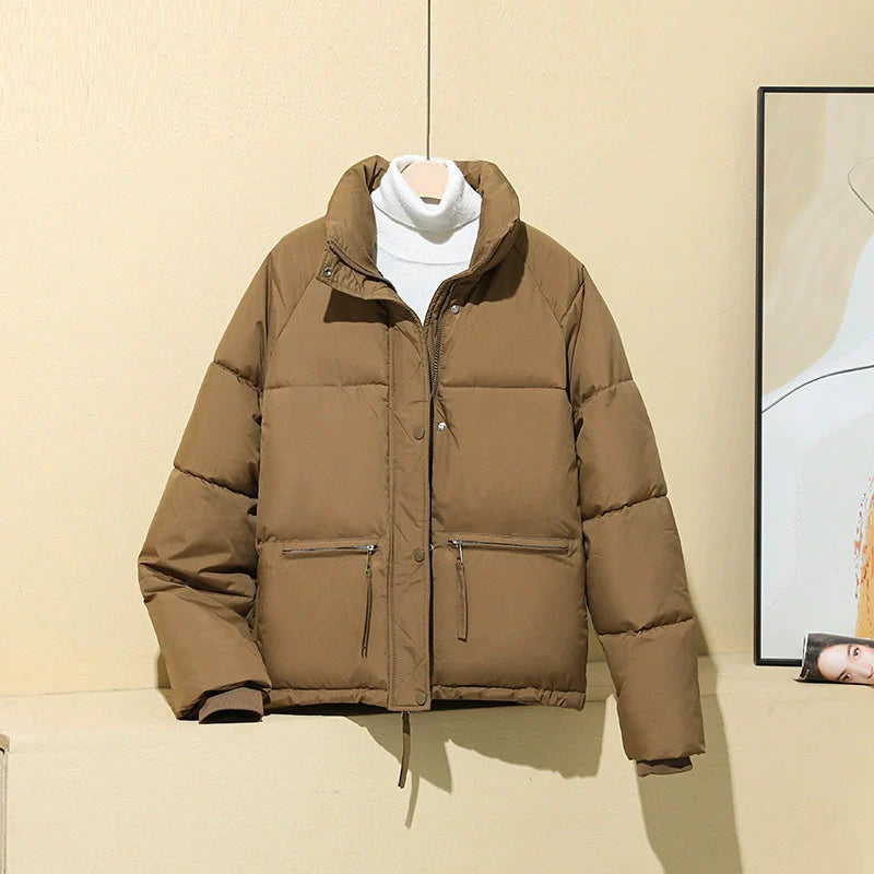 Women’s Puffer Coat – Quilted Insulated – Boxy Fit – Cropped Length – Stand Collar