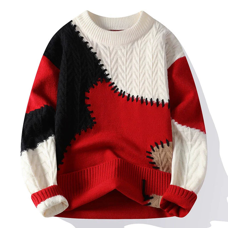 Men’s Sweater – Loose Fit – Knitted Patchwork – Ribbed Crew Neck – Casual Wear